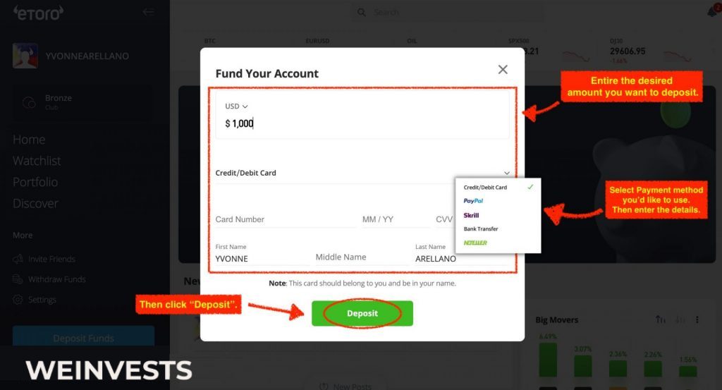 eToro make a deposit 