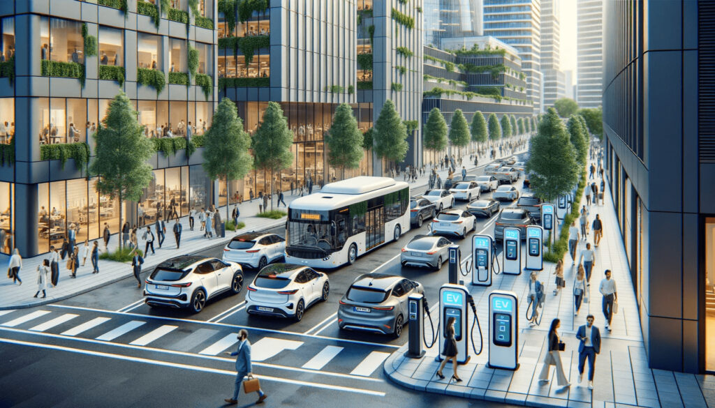 A bustling city street with various models of electric vehicles and a few charging stations in view.